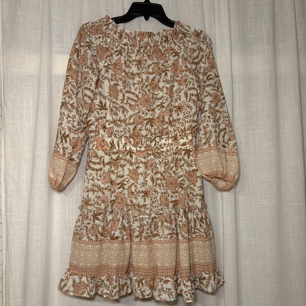 Lovestitch Dress Womens Medium Cream Floral Boho Off Shoulder Smocked Mini Lurex - Picture 2 of 7